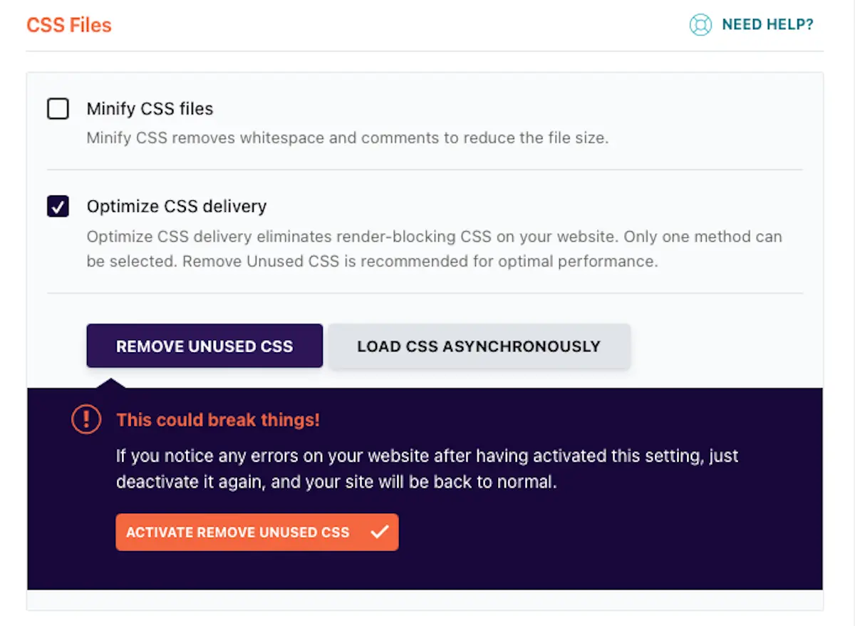 Optimize CSS delivery settings wp rocket