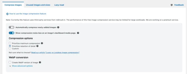WP-Optimize 'Compress images' tab options
