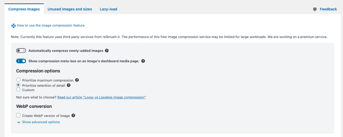 WP-Optimize 'Compress images' tab options