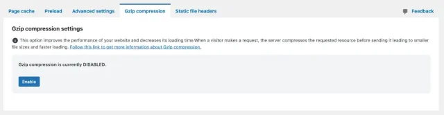 WP-Optimize 'Gzip compression' tab settings