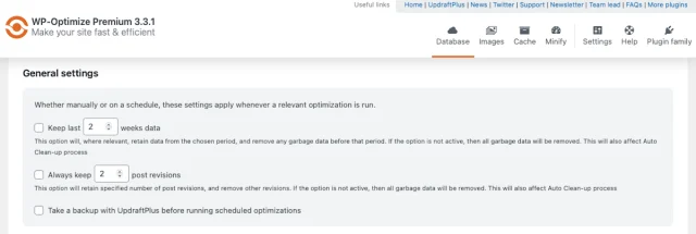 WP-Optimize 'General settings' page options