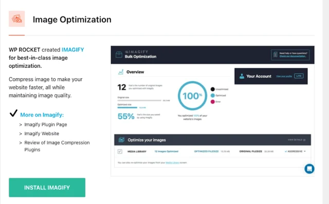 WP-Optimize Imagify add on installation page