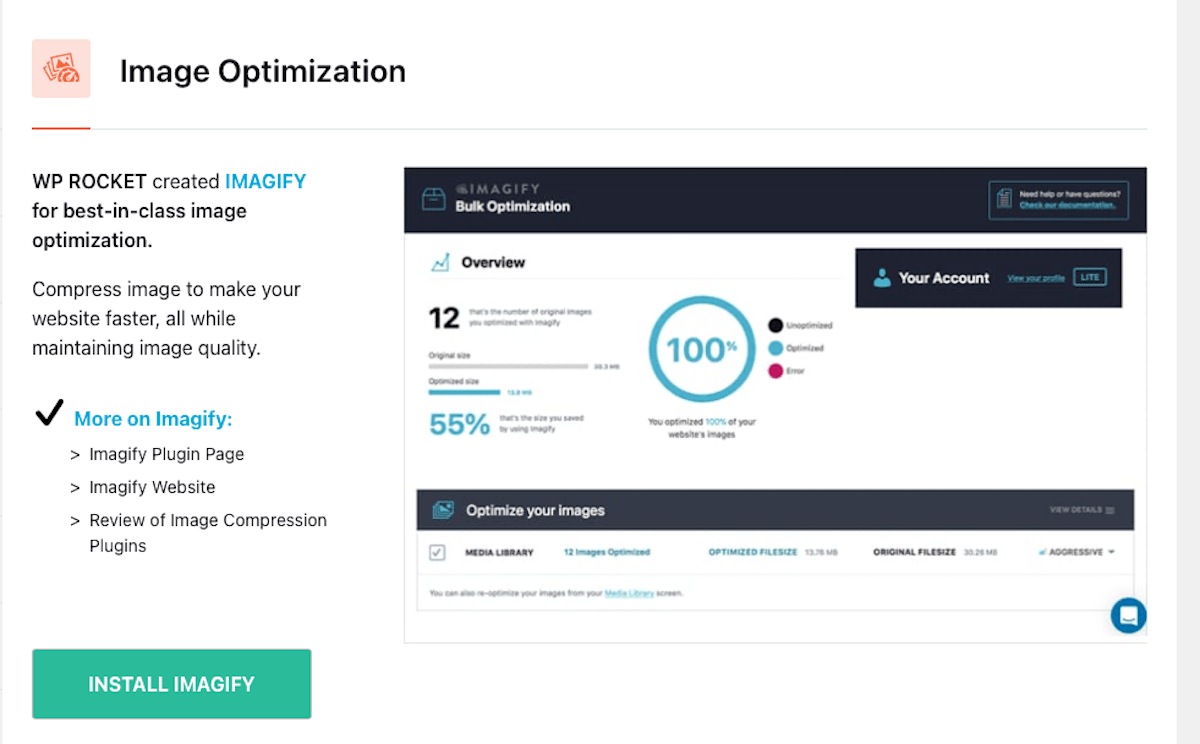 WP-Optimize Imagify add on installation page
