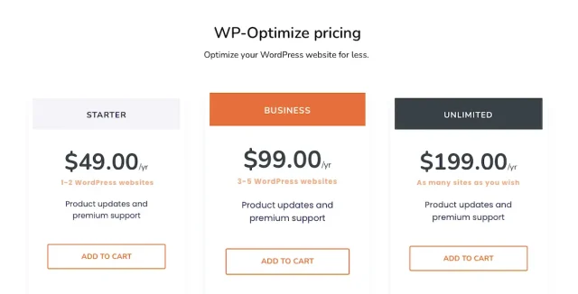 WP-Optimize pricing page