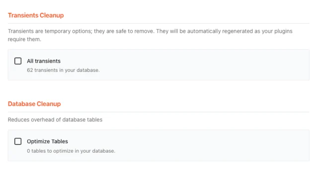 WP rocket database cleaning options