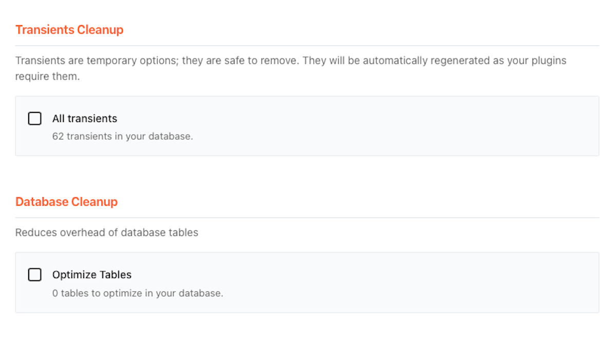 WP rocket database cleaning options