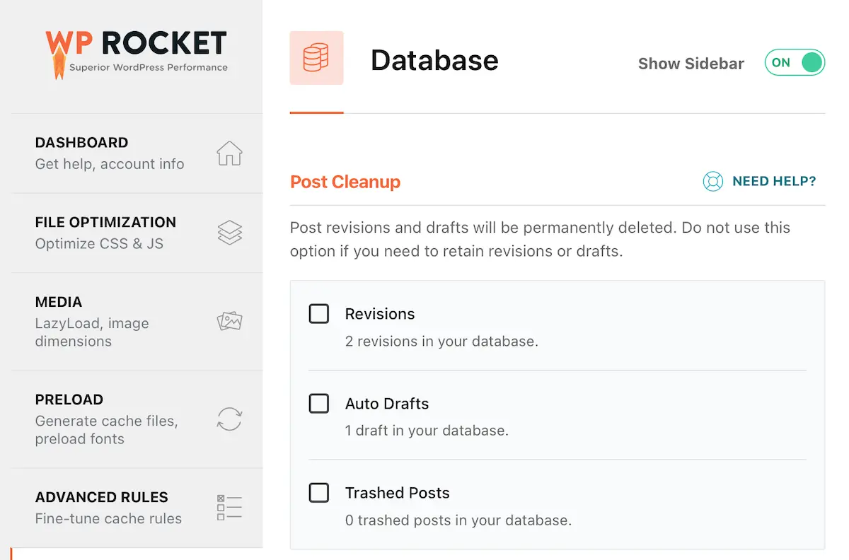 Wp rocket database optimization settings