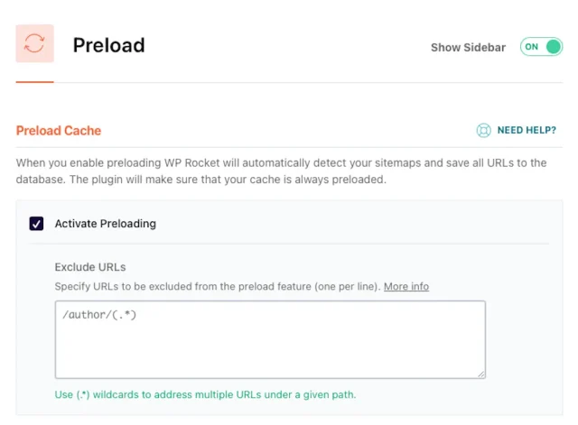 WP rocket 'Preload' page options