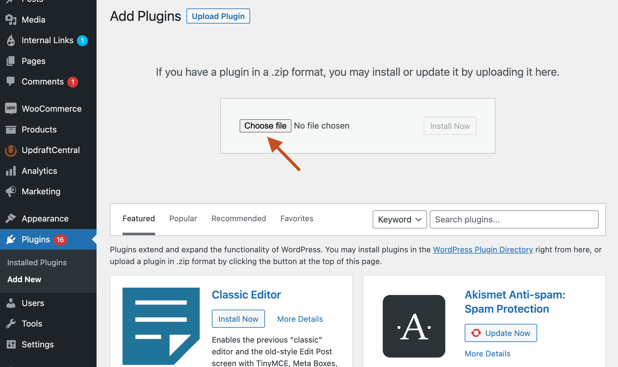 Choose a file to upload in the WordPress dashboard