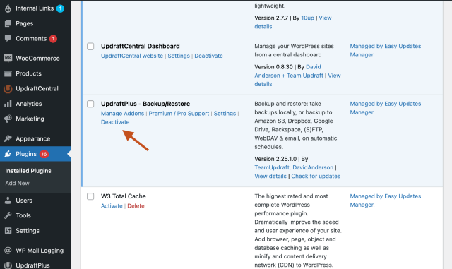 Deactivate button in the plugins list on the WordPress dashboard