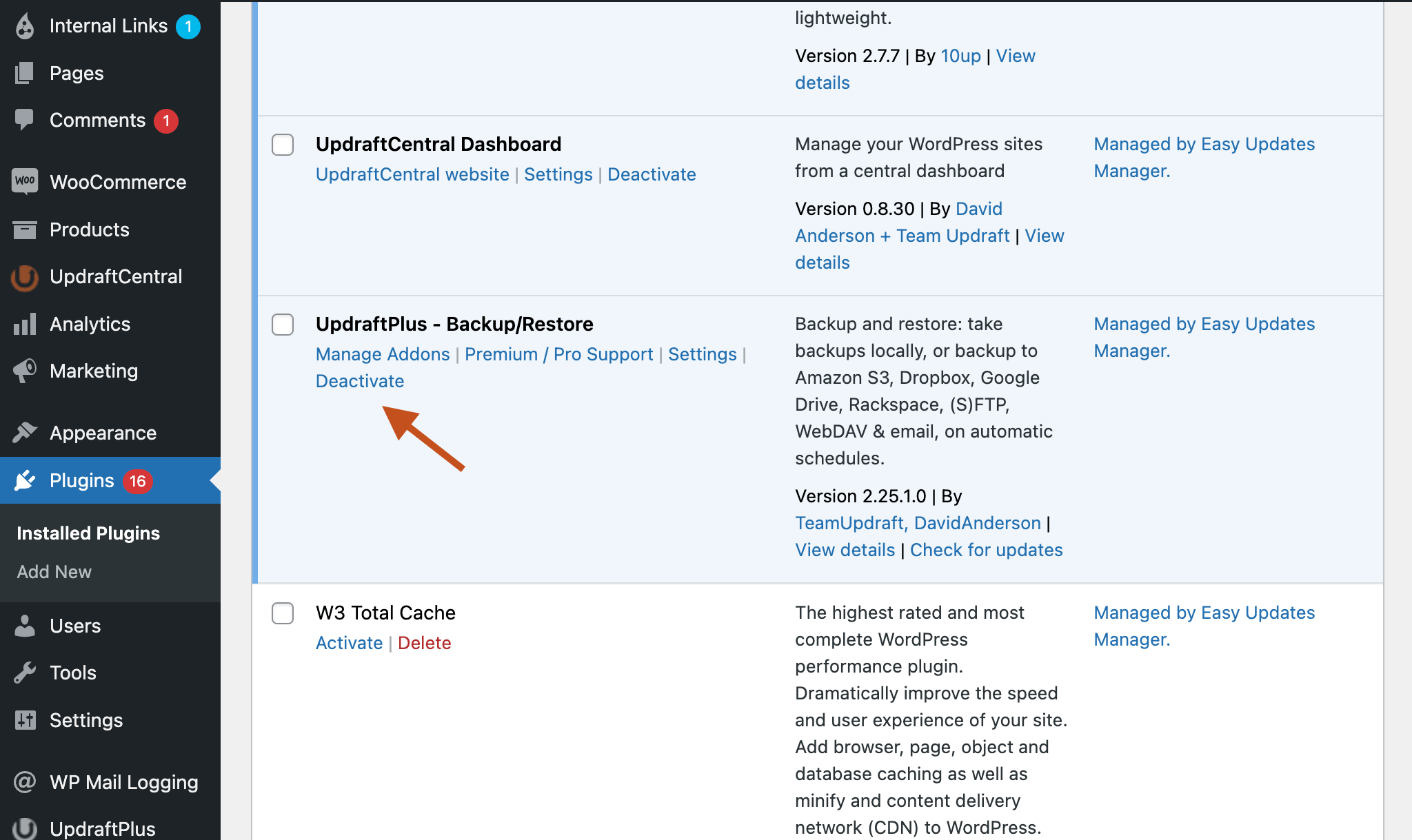 Deactivate button in the plugins list on the WordPress dashboard