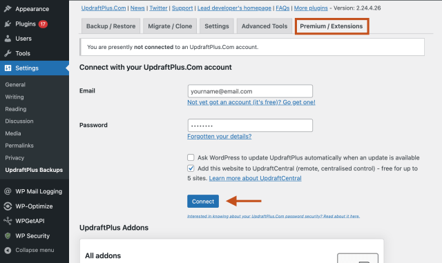 Premium tab in UpdraftPlus