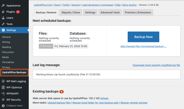 UpdraftPlus in the WordPress dashboard.