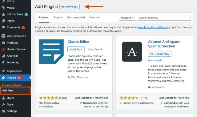 Upload a plugin in the WordPress dashboard
