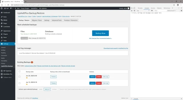 Opening UpdraftPlus browser developer tools in google chrome