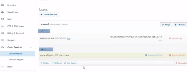 DreamObjects 'Users' page settings