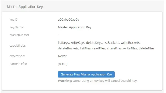 In the 'Master Application Key' setup window, copy the 'keyID' value