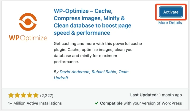 Select 'Activate button' for WP-Optimize in the WordPress plugin directory