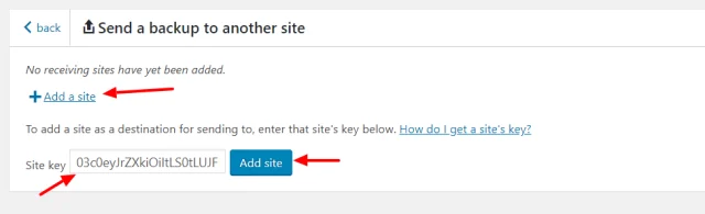 Select '+Add a site' button, then add 'Site key' and select 'Add site' button