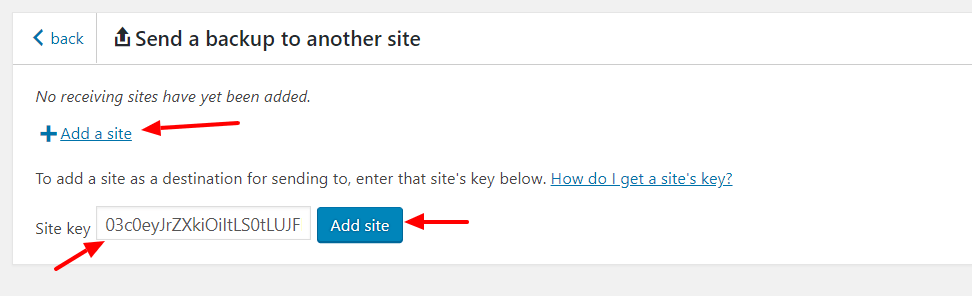 Select '+Add a site' button, then add 'Site key' and select 'Add site' button