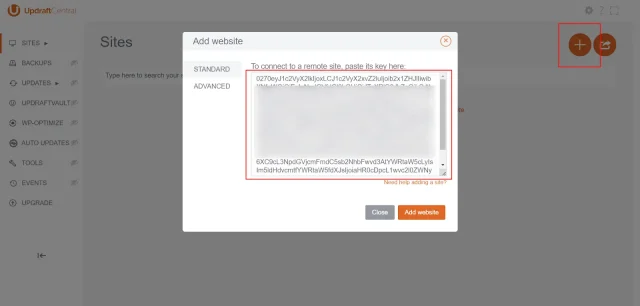 Add another site in UpdraftCentral by selecting the '+' icon