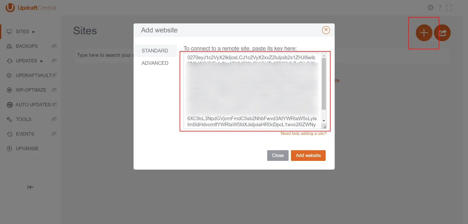 Add another site in UpdraftCentral by selecting the '+' icon