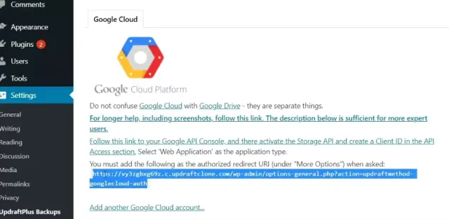 Copy the authorized redirect URL from the Google Cloud tab
