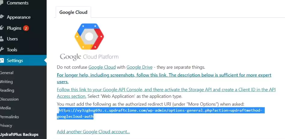 Copy the authorized redirect URL from the Google Cloud tab