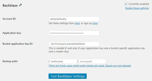 In the Backblaze section, add your details then select 'Test Backblaze settings' button