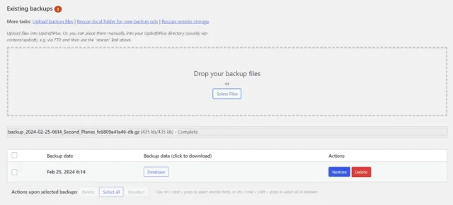 'Existing backups' page in UpdraftPlus