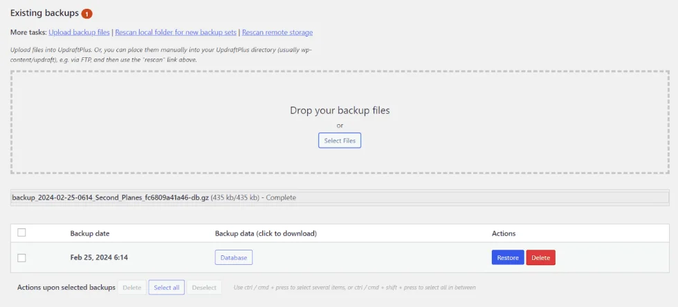 'Existing backups' page in UpdraftPlus