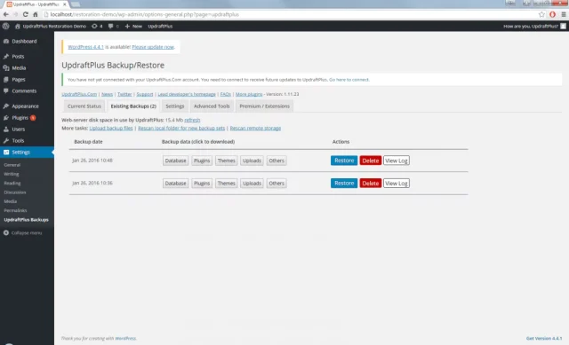 Backup log settings