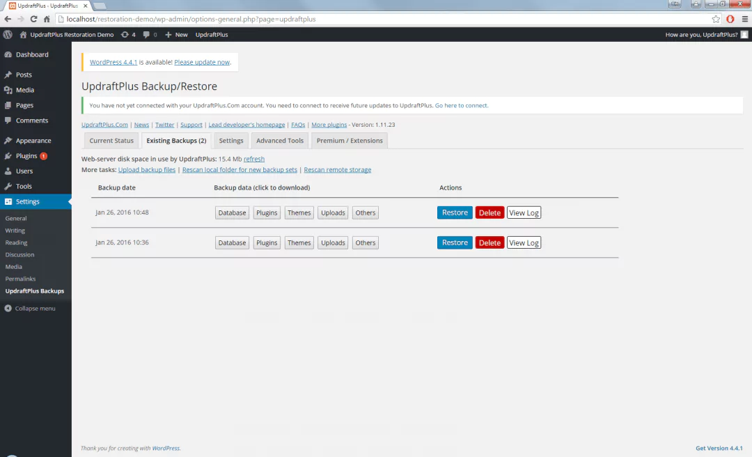 Backup log settings