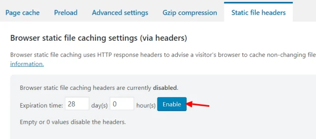 In 'Browser static file caching settings' select 'Enable' button for the desired expiration time