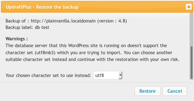 Change the character set to 'utf8' in the Restore the backup dialogue