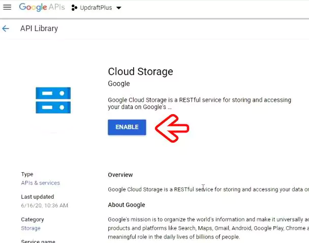 select 'Enable' button in the 'Cloud storage' section