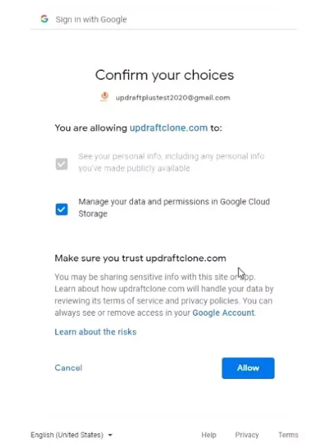 in 'Confirm your choices' message, select 'Allow' button