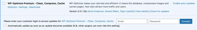 Enter the login credentials for WP-Optimize, then select 'Connect' button