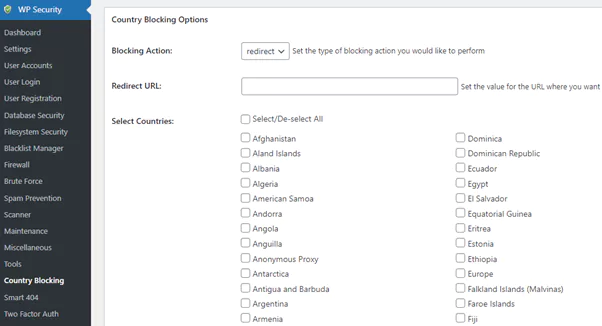 Country blocking options page