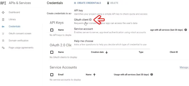 select '+ Create Credentials'