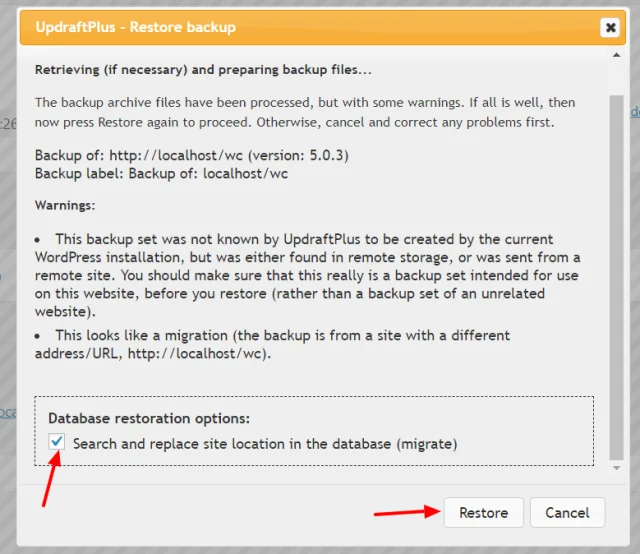 In the 'Database restoration options' section, tick the option, then select 'Restore' button