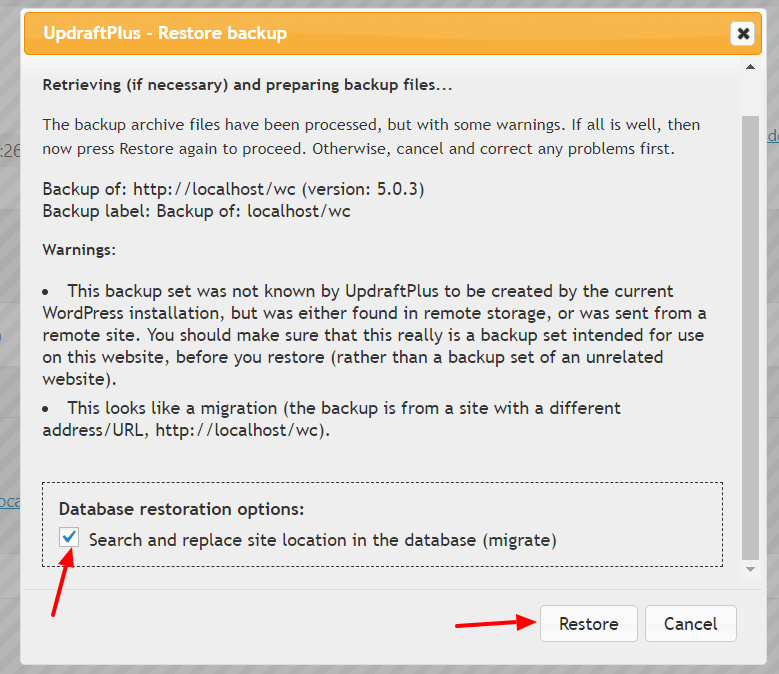 In the 'Database restoration options' section, tick the option, then select 'Restore' button