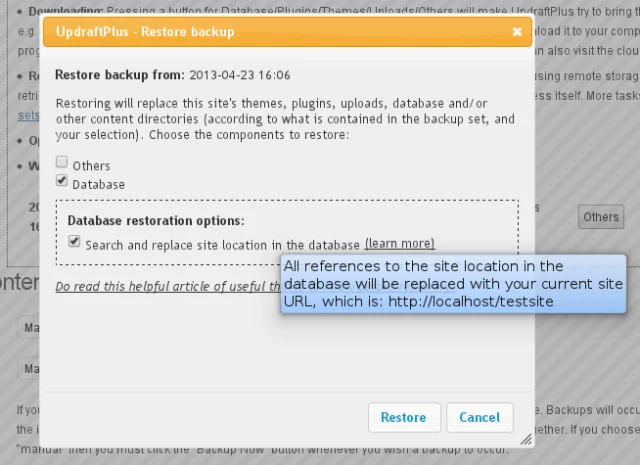 UpdraftPlus 'Restore backup' wizard