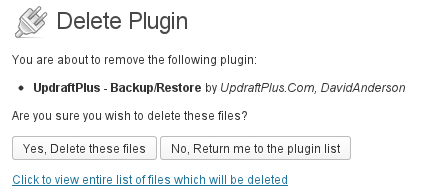 'Delete Plugin' alert, select 'Yes, Delete these files' button