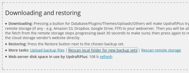 In the 'Downloading and restoring' window, select 'Rescan local folder for new backup sets' in the 'More tasks' section