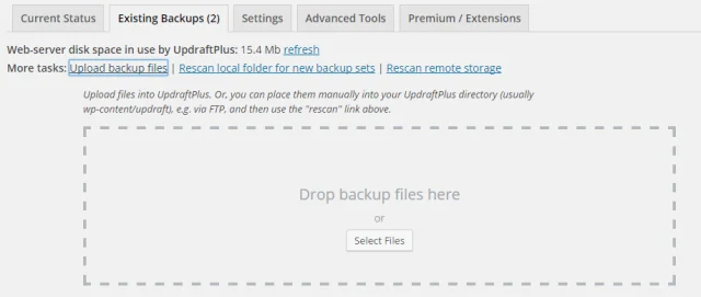 In the 'Existing backups' tab, select the 'Upload backup files' from 'More tasks' section