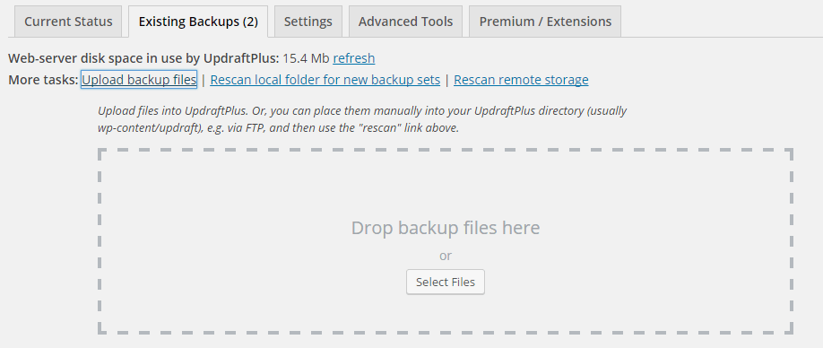 In the 'Existing backups' tab, select the 'Upload backup files' from 'More tasks' section