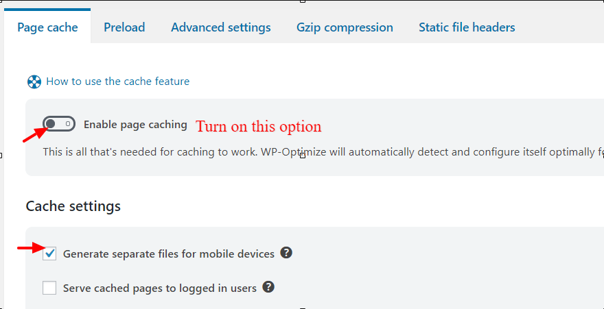 In 'Page cache' tab select 'Enable page caching' toggle and select 'Generate separate files for mobile devices'