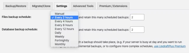 In the 'Files backup schedule' section , select 'Every 2 hours' from the dropdown