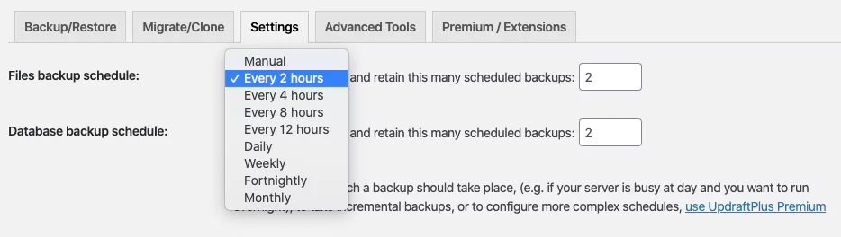 In the 'Files backup schedule' section , select 'Every 2 hours' from the dropdown